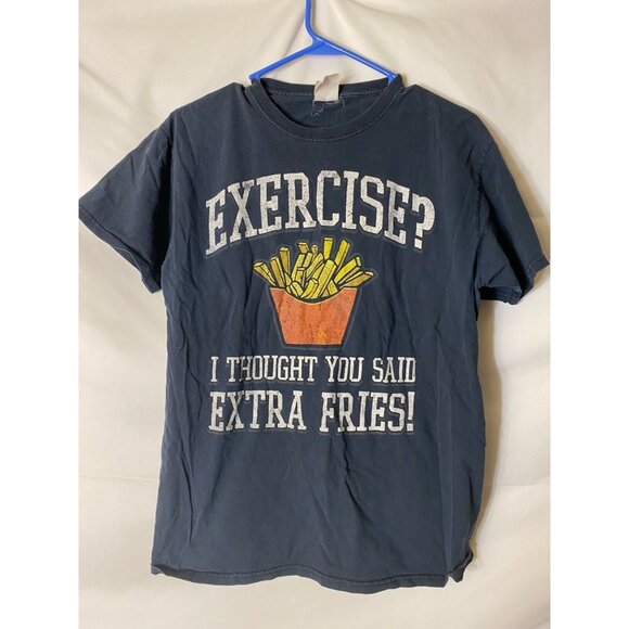 MENS EXERCISE EXTRA FRIES FUNNY GRAPHIC TSHIRT SIZE MEDIUM NAVY BLUE SHIRT M - Picture 1 of 2